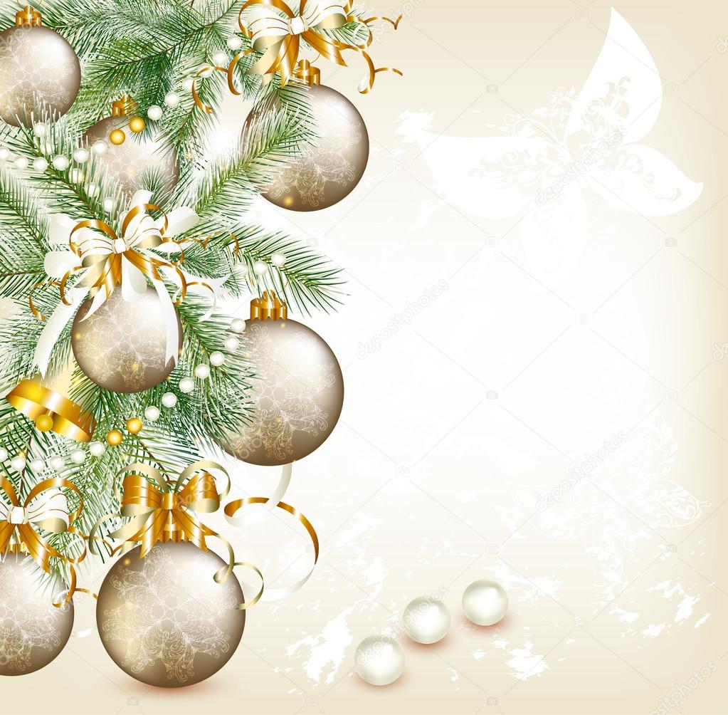 Christmas card with realistic fur branches decorated by silver a