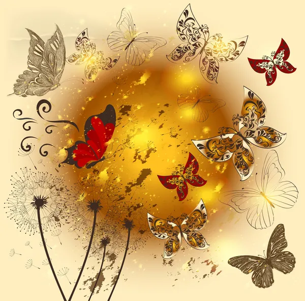 Kreativní květina lesklé pozadí s motýly — Stockový vektor