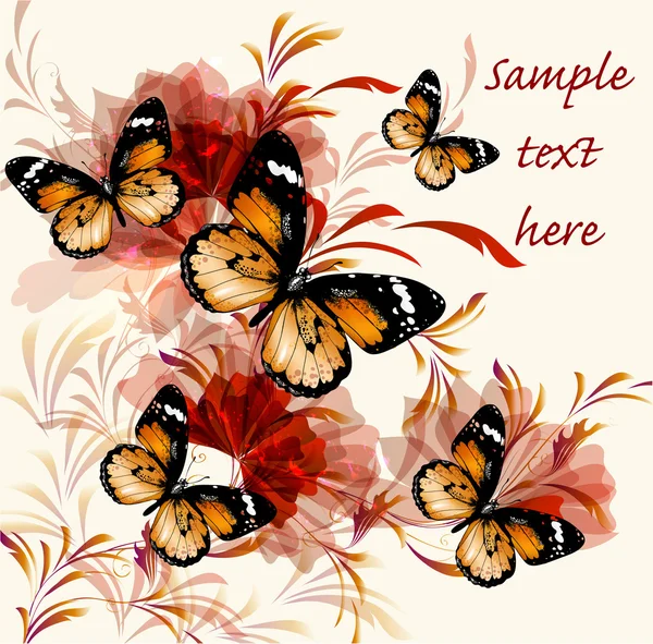 Hintergrund mit floralem Ornament und realistischen Vektor-Schmetterlingen — Stockvektor