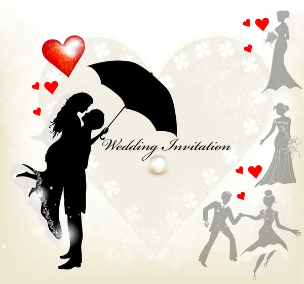 Conception de l'invitation de mariage avec silhouette de couple mignon et — Image vectorielle