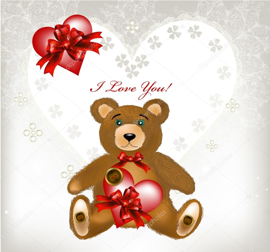Greeting valentine card with heart, lace, toy bear and space for