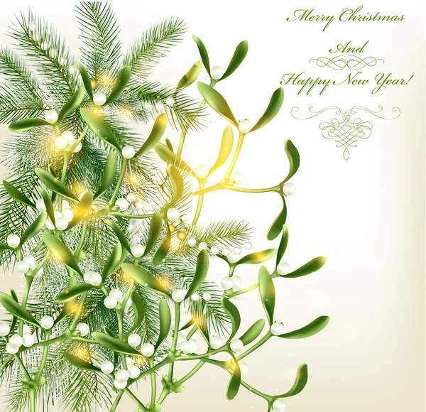 Χριστούγεννα ευχετήρια κάρτα με ρεαλιστική γούνα δέντρο και mistletoy — Διανυσματικό Αρχείο