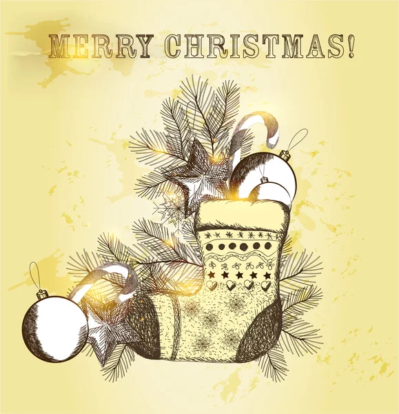 Vánoční vinobraní přání s vánočními dekoracemi, jedle — Stockový vektor