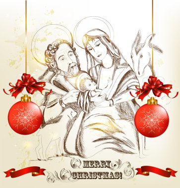 tebrik kartı Kutsal Aile ile Noel el çekilmiş