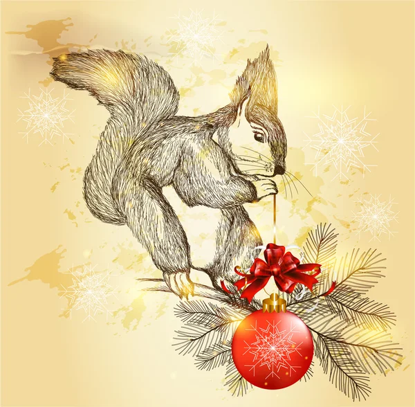 Biglietto di Natale e Capodanno con simpatico scoiattolo con baub rosso in mano — Vettoriale Stock