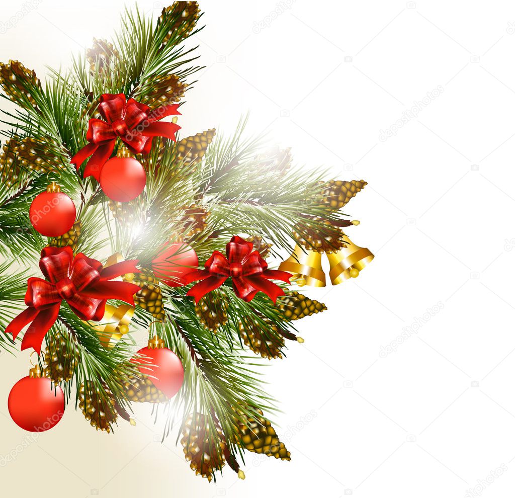 Christmas greeting card with pine branches, baubles, bells and c