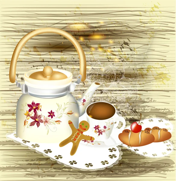 Hintergrund mit Teekanne, Süßigkeiten und einer Tasse Tee auf einem Grunge-Holz — Stockvektor