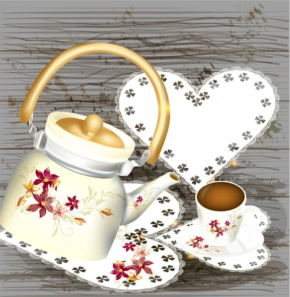 Grunge-Hintergrund mit Teekanne Süßigkeiten und Tasse Tee auf einem hölzernen — Stockvektor