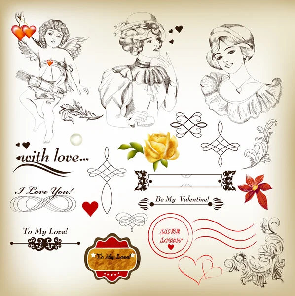 Collection d'éléments calligraphiques anciens pour le design de la Saint-Valentin — Image vectorielle