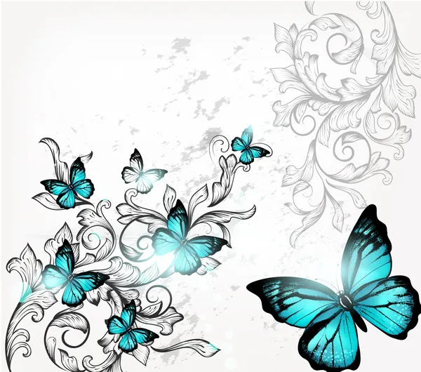 Fondo elegante con mariposas y adorno — Vector de stock