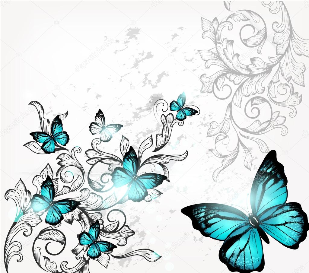 Elegant background with butterflies and ornament