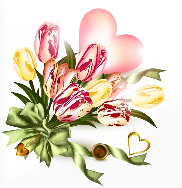 Симпатичный валентинный фон с розовым сердцем и реалистичным тюльпаном f — стоковый вектор