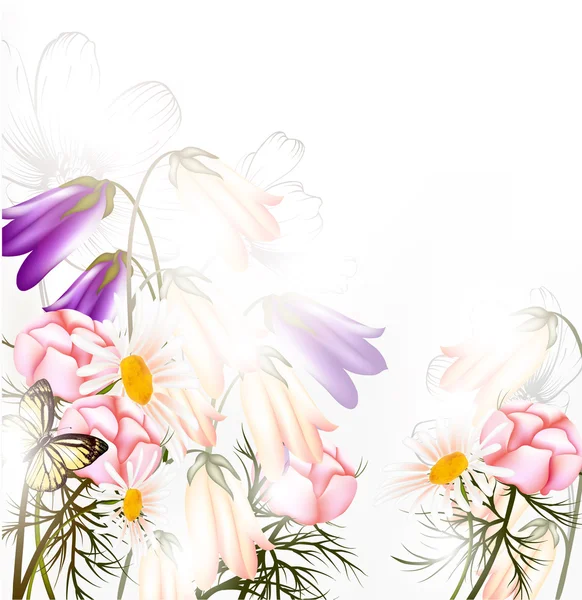クリーンな空間と光と美しいパステル調花の背景 — ストックベクタ