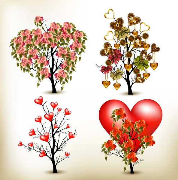 Sammlung von Vektor-Valentin-Bäumen mit Rosenblüten dekoriert — Stockvektor