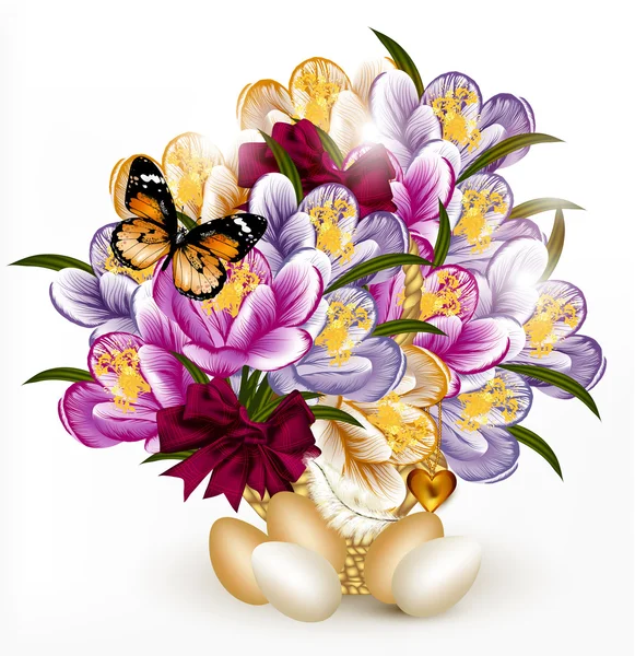 東の卵と花の現実的なベクトルの美しい花束 — ストックベクタ