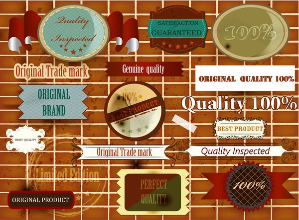 Samling vintage etiketter och stikers på tegelvägg — Stock vektor