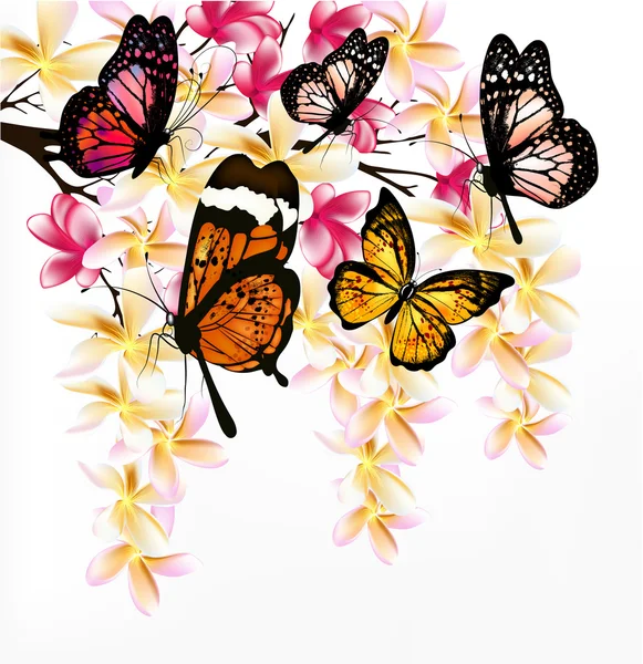 Colorful vector background with realistic tropical butterflies a — Stock Vector