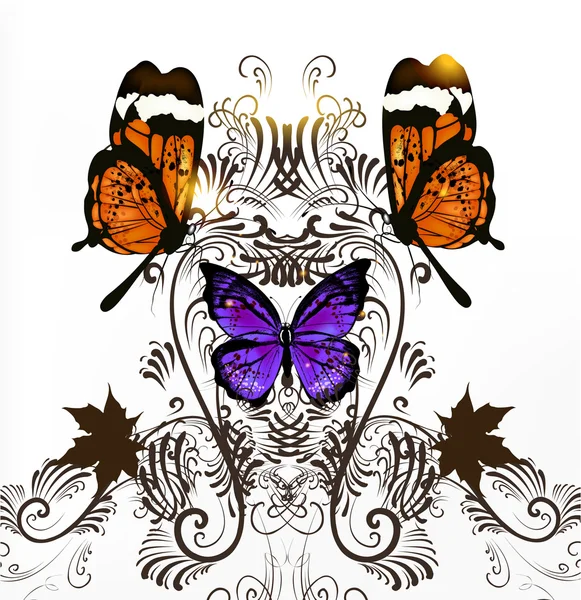 Fundo vetorial elegante com ornamento e borboletas — Vetor de Stock