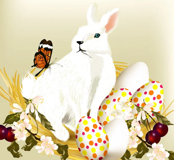 Lindo conejito de Pascua sentarse en el nido con huevos — Vector de stock