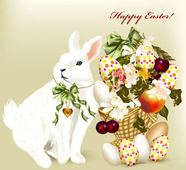 Schattig Pasen wenskaart met witte easter bunny, eieren en stroom — Stockvector