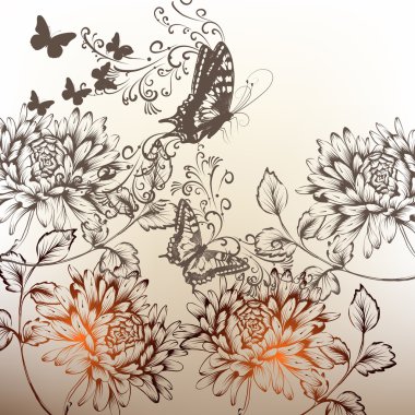 arka süsleme, çiçek ve kelebek çiçek el çekilmiş