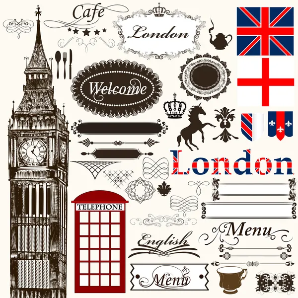 Kaligrafické návrhové prvky a stránky dekorace londýnské téma — Stockový vektor