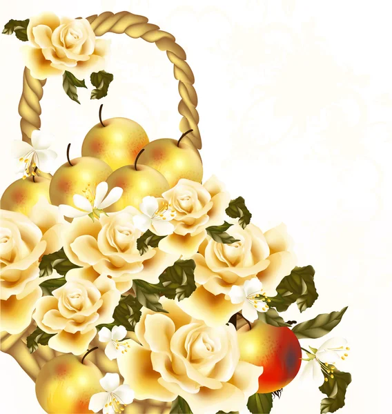 Hermoso fondo floral con rosas beige realistas y manzana — Vector de stock