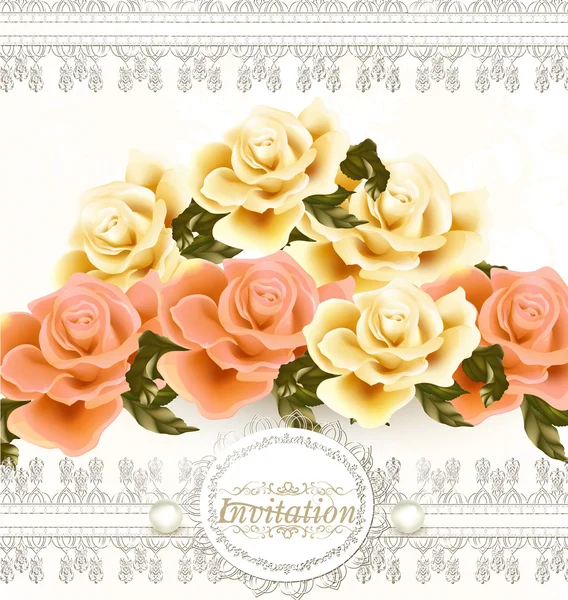 Invitation wedding card with beige and pink soft roses flowers — Stock Vector