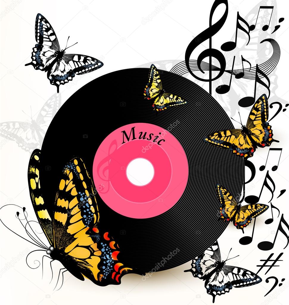 Abstract music background with vinyl record, notes and butterfli