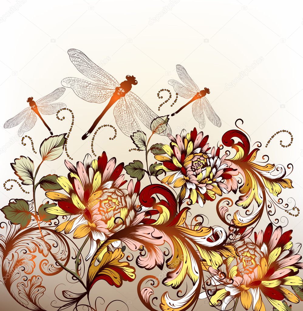 Floral hand drawn background with ornament in retro style