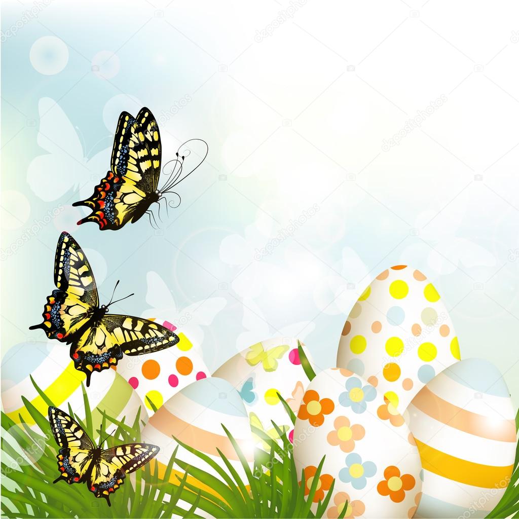 Easter outdoor background with clear space, eggs and green gras