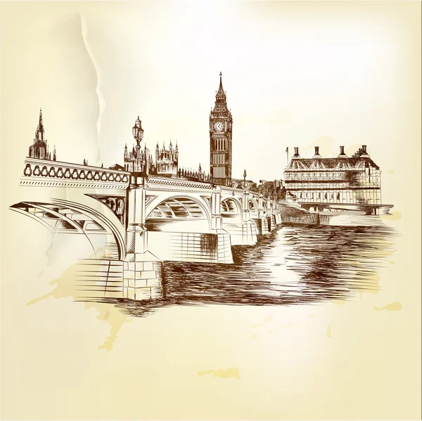 Tarjeta postal vectorial antigua con puente Londres dibujado a mano en sepia — Vector de stock