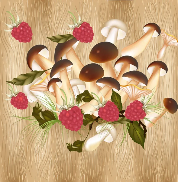 Background with raspberry and mushrooms on a hardwood texture — Stock Vector