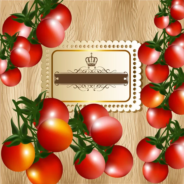 Design de banner com tomate cereja e textura de madeira — Vetor de Stock