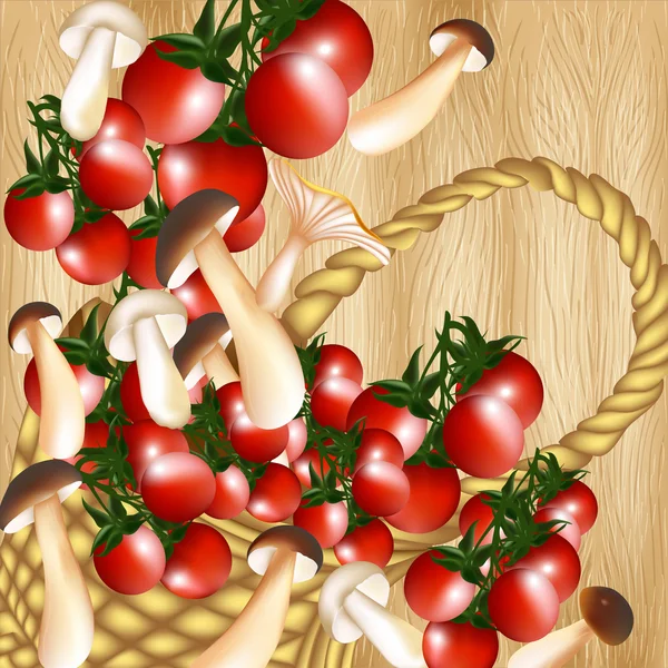 Panier de tomates cerises et champignons sur une texture feuillue — Image vectorielle