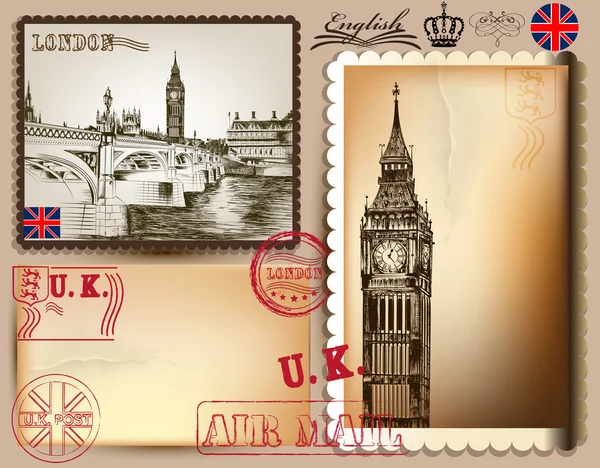 Colección de postales vectoriales vintage con Londres detallada — Vector de stock