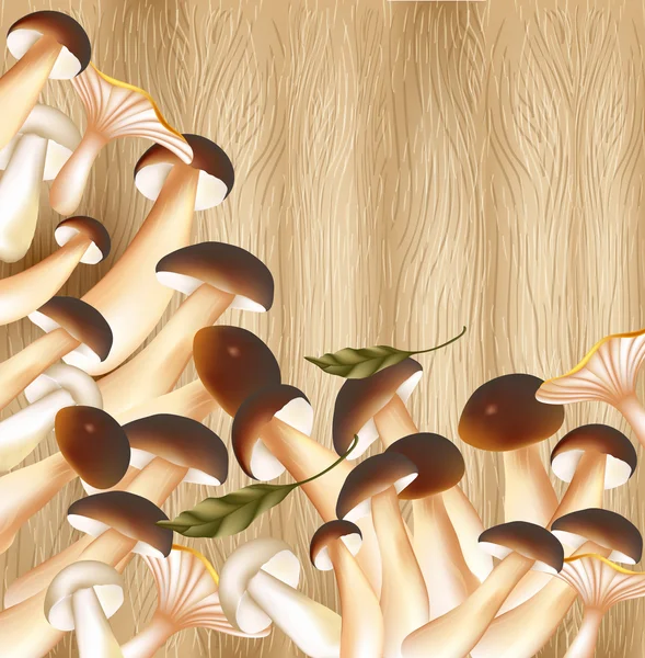 Cute vector organic mushrooms on a hardwood background — Stock Vector