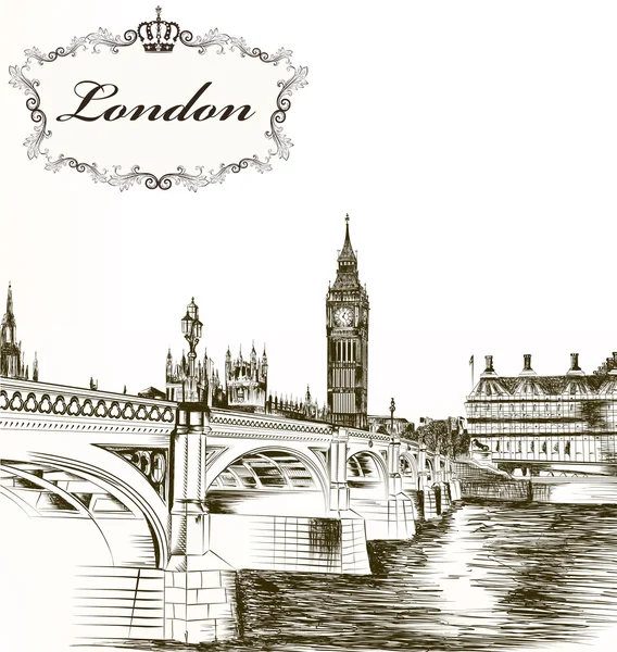 Imitación de la tarjeta retro detallada dibujada a mano con Londres para des — Vector de stock