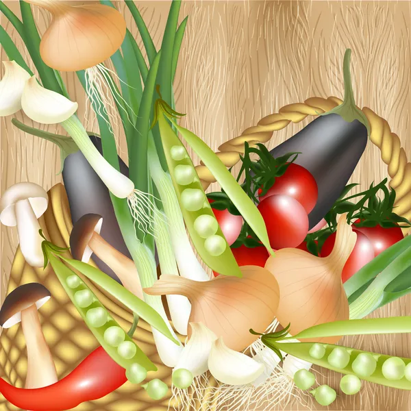 Background with assorted vector vegetables in basket on wooden — Stock Vector