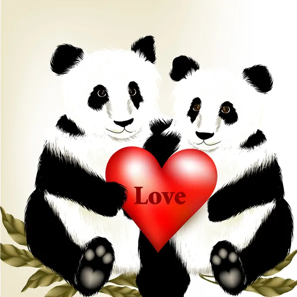 Şirin çift çizgi film panda holding ile w'deki büyük kırmızı kalp ayılar — Stok Vektör