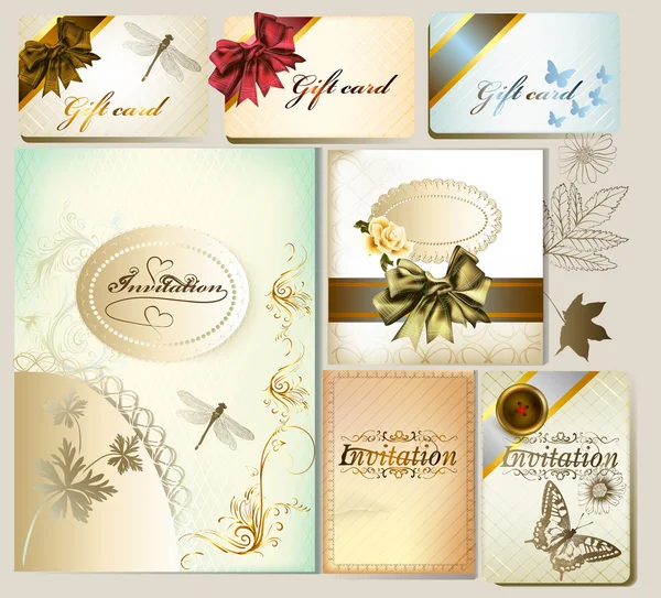 Luxuseinladung und Geschenkkarten mit floralen Elementen und Schleifen — Stockvektor