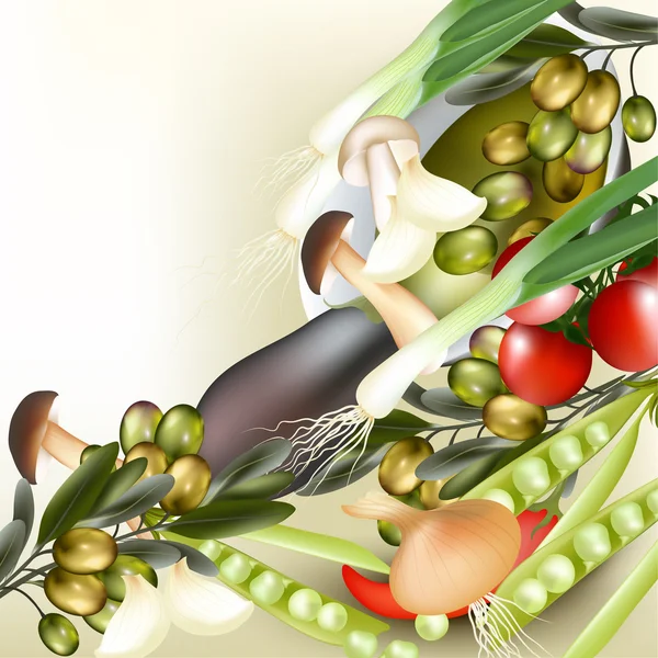 Achtergrond met realistische vector groenten, ui, champignons, o — Stockvector