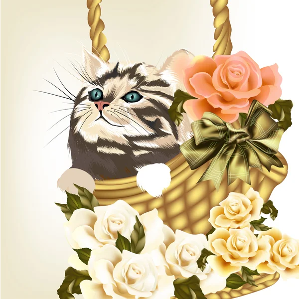 Wygrzać się piękną kartkę z życzeniami z mało słodkie pasiasty kot siedzieć w — Wektor stockowy
