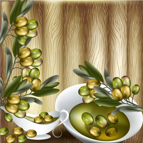 Close up vector background with olives branch and olive oil on w — Stock Vector