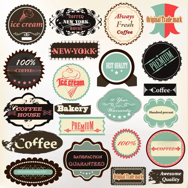 Collection d'étiquettes vintage café, crème glacée et qualité pour d — Image vectorielle