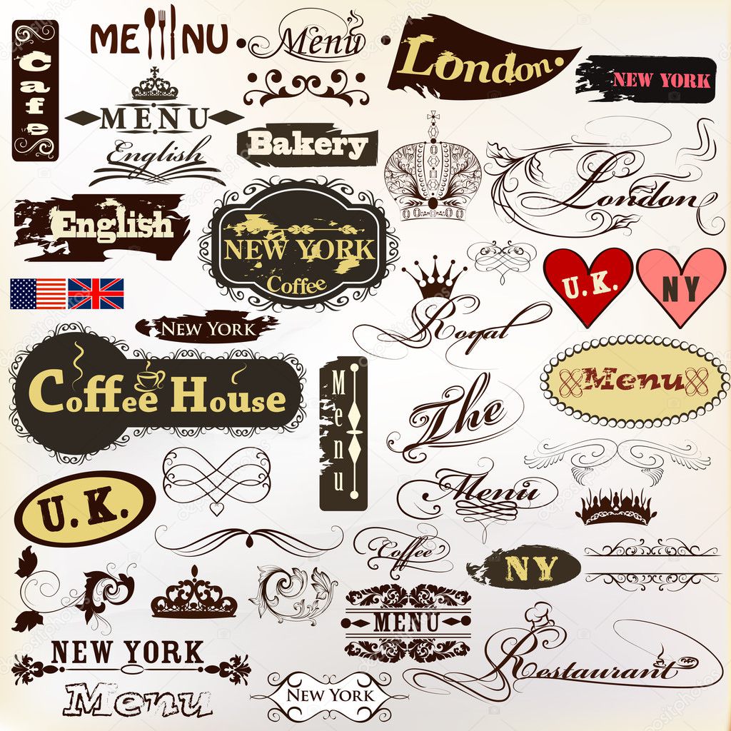 Collection of old styled vector signatures and labels cafe, coff