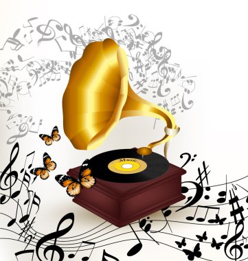 Creative music background with old gramophone, butterflies and n clipart