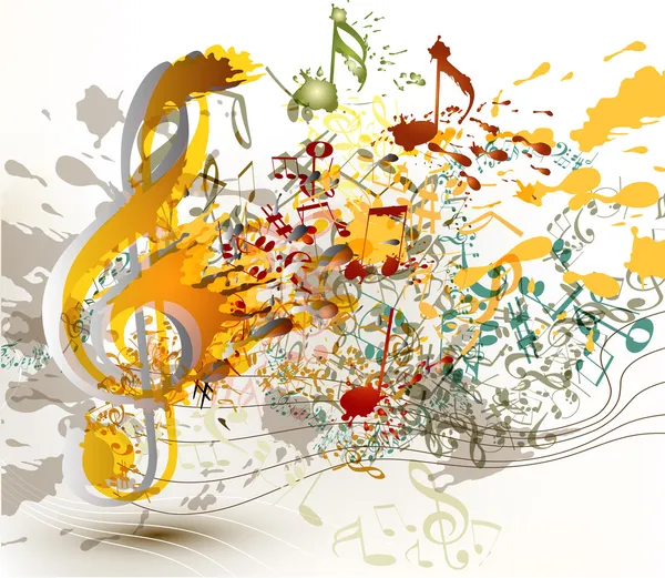 Art orné treble clef avec éclaboussures colorées, portées et notes fo — Image vectorielle