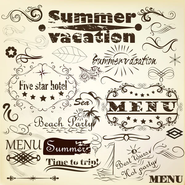 Elementos caligráficos de diseño vintage verano y vacaciones — Archivo Imágenes Vectoriales