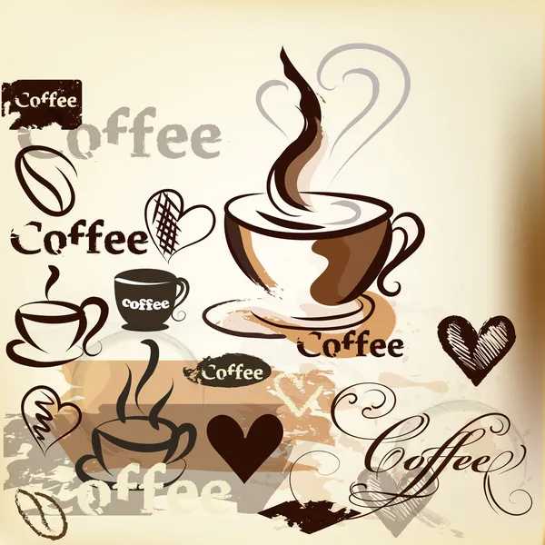 Koffie grunge vintage vector design met koffie cups, korrels een — Stockvector